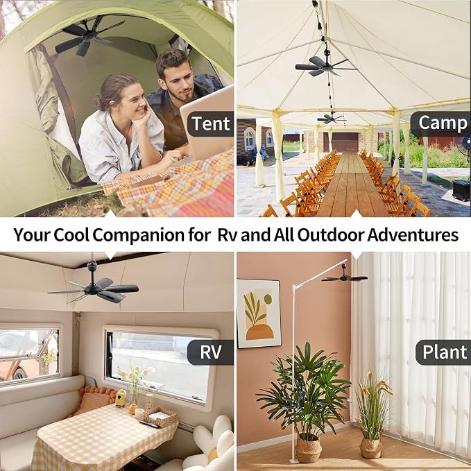 17.7" Inch Small Portable Ceiling Fan, USB Plug In, 5V DC Powered, 6 Blades, Indoor/Outdoor RV Camping Tent Canopy, Gazebo，Beach，Hanging, Quiet,black
