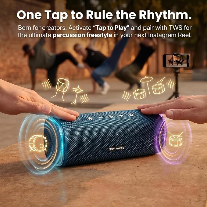 40W Bluetooth Shower Speaker, IPX7 Waterproof Pool Speaker | Interactive Tap-to-Play Drum Beats, 25H Playtime, LED Lights, Built-in Mic for Hands-Free Calls in Bathroom, Blue