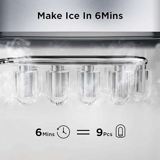 Silonn Ice Makers Countertop, 9 Cubes Ready in 6 Mins, Self-Cleaning Ice Machine with Ice Scoop and Basket, 26lbs in 24Hrs, 2 Sizes of Bullet Ice for Home Kitchen Office Bar Party, Sliver