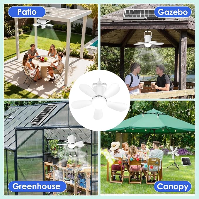 Solar Ceiling Fan Light, Portable Solar Powered Gazebo Fan Light for Outside, Rechargeable Battery Camping Fan Light with Remote, for Outdoor Canopy Tent RVs Porch Patio Greenhouse Pergola