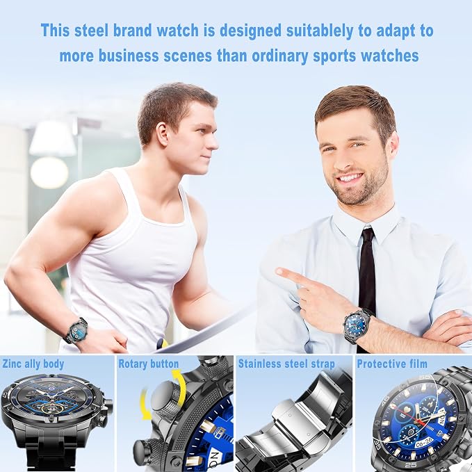 Men's Smart Watch Round HD 1.53" Gold Blue Smart Watches for Men, Multiple Sports Modes, Bluetooth Voice Call. Available for iOS and Android (Black Steel)