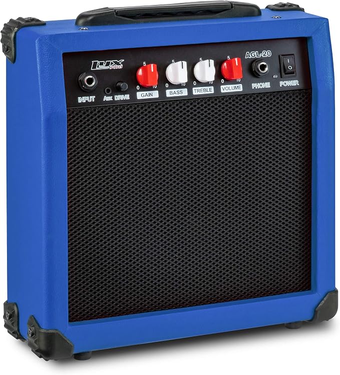 LyxPro Electric Guitar Amp 20 Watt Amplifier Built in Speaker Headphone Jack and Aux Input Includes Gain Bass Treble Volume and Grind - Blue