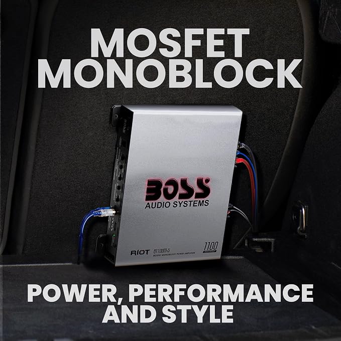BOSS Audio Systems R1100M-S Monoblock Car Amplifier - 1100 High Output, 2-8 Ohm Stable, Low/High Level Inputs, Low Pass Crossover, MOSFET Power Supply
