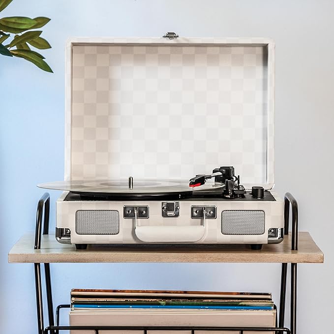Crosley CR8005F-AC Cruiser Plus Vintage 3-Speed Bluetooth in/Out Suitcase Vinyl Record Player Turntable, Almond Checkerboard