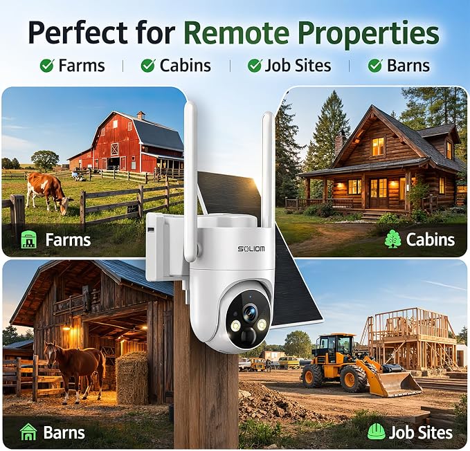 SOLIOM 4G LTE Cellular Security Camera, No WiFi Security Camera for Remote Areas, Solar Powered Wireless Outdoor Camera, 2K Color Night Vision, 360° Pan & Tilt, PIR Motion Detection, Off-Grid S90