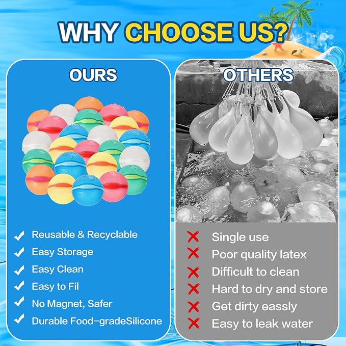 Reusable Water Balloons Refillable for Kids: Soft Silicone Material Self Sealing for Outdoor Activities - Summer Pool Beach Water Bomb for Boys Girls 3-12 Years (12Pack)