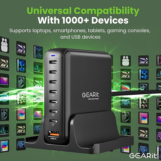 GEARit 8-Port 170W GaN Charger - USB Fast Charging Station and Power Hub for Multiple Devices - Multiport Charging Station with 7 USB C and 1 USB A - Powers Up to 8 Devices