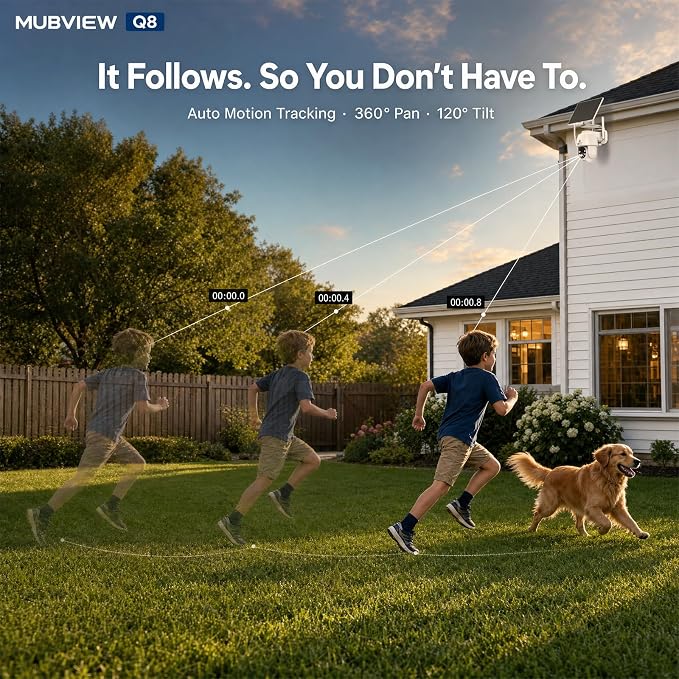 MUBVIEW 24/7 Continuous Recording Wireless Outdoor Security Camera, 2.4G WiFi, 2K Solar Powered, 360° PTZ, Auto Tracking, SD Included, Optional Cloud Storage, AI Detection, Night Vision(White,2 Packs)
