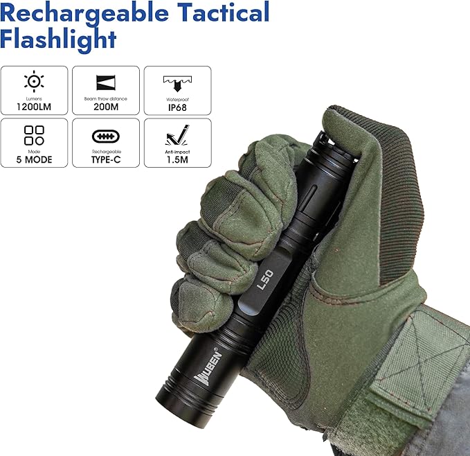 WUBEN L50 Rechargeable Tactical Flashlight, 1200 High Lumens Super Bright Handheld Flashlighs, IP68 with 5 Mode Pocket Light, LED Tail Switch Flash Light for Emergencie Camping Home Inspection Repair