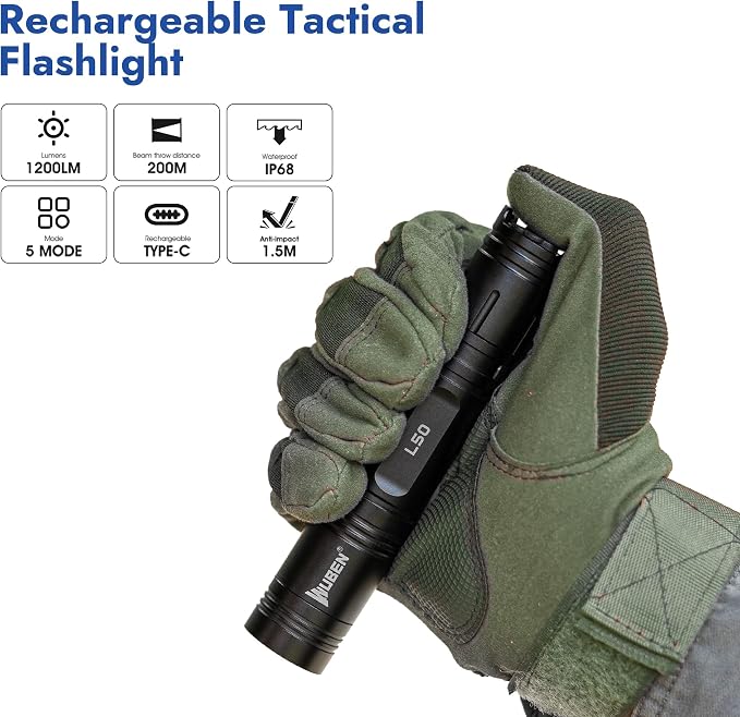 WUBEN L50 Flashlight 1200 High Lumens Tactical Flashlight Pocket Rechargeable Flashlight IP68 with 5 Mode Flash Light, LED Tail Switch Flash Light for Emergencie Camping Home Inspection Repair