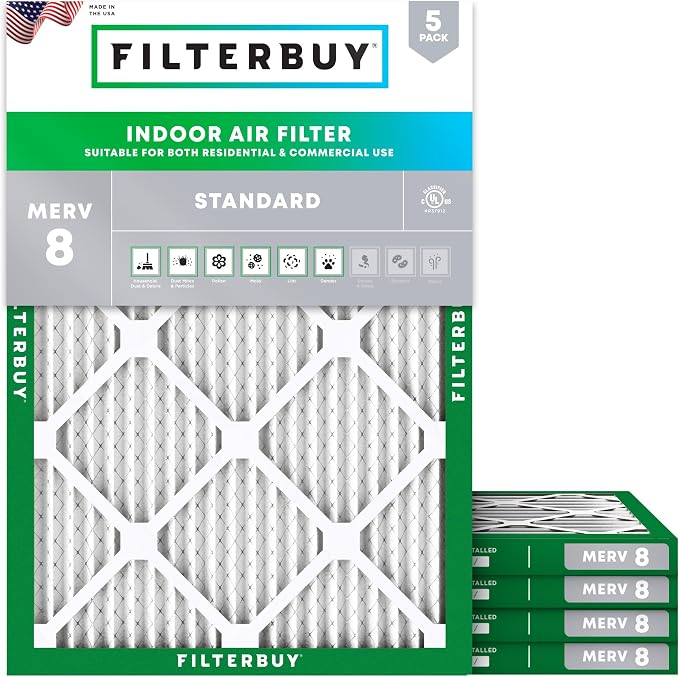 Filterbuy 28x30x1 Air Filter MERV 8 Essential Dust & Allergy Defense (5-Pack), Electrostatic Pleated HVAC AC Furnace Filters Replacement, Made in USA (Actual Size: 27.75 x 29.75 x 0.75)