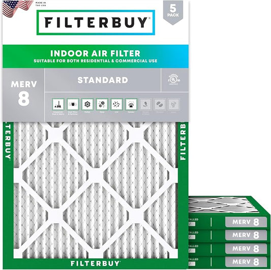 Filterbuy 16x20x1 Air Filter MERV 8 Essential Dust & Allergy Defense (5-Pack), Electrostatic Pleated HVAC AC Furnace Filters Replacement, Made in USA (Actual Size: 15.50 x 19.50 x 0.75)