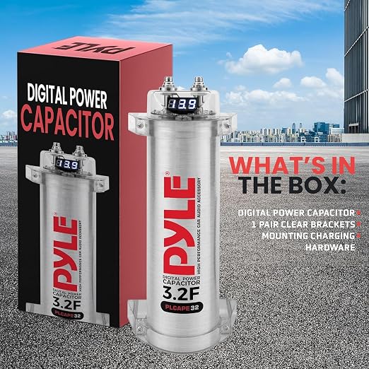 Pyle 3.2 Farad Digital Power Capacitor for Car Audio Systems - Blue LED Voltage Display, Over Voltage Protection, 12-24V DC, Amplifier Power Stabilizer with Mounting Hardware
