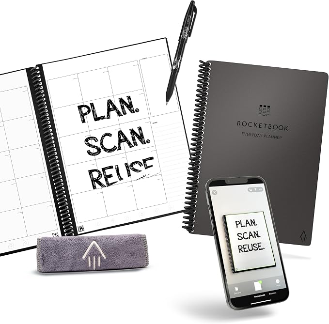 Rocketbook Smart Reusable Everyday Planner, Undated Weekly, Monthly, Annually, For Scheduling, Executive Size, 6x8.8, Gray