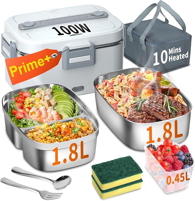Electric Heated Lunch Box for Adults with 2 Pack 1.8L Containers, ON/OFF Power Switch & 0.6L Double Layer, Portable 100W 3-IN-1 Fast Heating Food Warmer for Men, ,12V/24V/110V for Car Truck Office