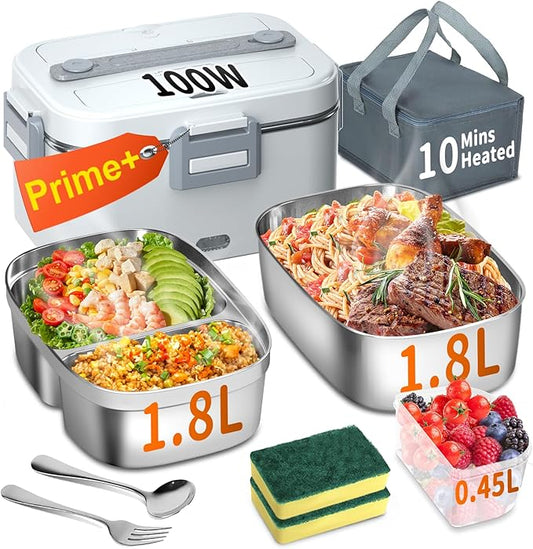 Electric Heated Lunch Box for Adults with 2 Pack 1.8L Containers, ON/OFF Power Switch & 0.6L Double Layer, Portable 100W 3-IN-1 Fast Heating Food Warmer for Men, ,12V/24V/110V for Car Truck Office