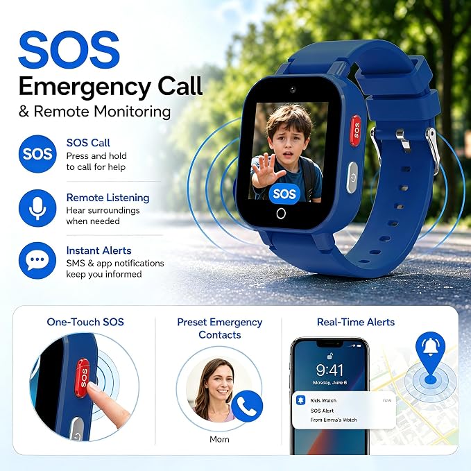 4G Kids Smart Watch with GPS Tracker, Video & Voice Call, SOS, WiFi, IP68 Waterproof, AI Smart Features, Parental Control Phone Watch for Boys Girls Age 4-12(SIM Card Included)