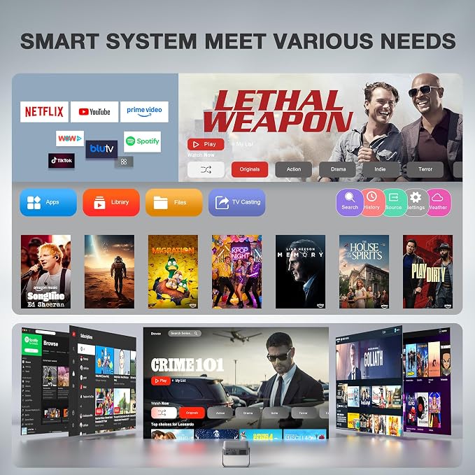 [Officially-Licensed App & Auto Focus]Light Silver Smart Mini Projector with WiFi and Bluetooth, XuanPad 4K Support Movie Projector, Portable Native 1080P Outdoor Projector with 360° Stand