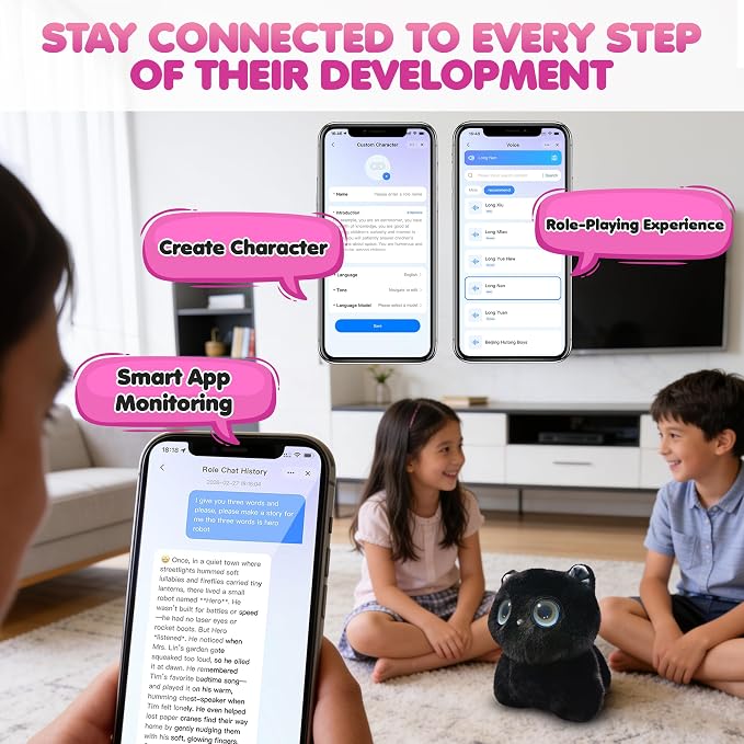 Contixo AI Pixie-Paw Smart Interactive Plush Cat – Voice-Responsive, Touch-Activated, Expressive Eyes, AI Companion Stuffed Animal for Kids & Pet Lovers, Black