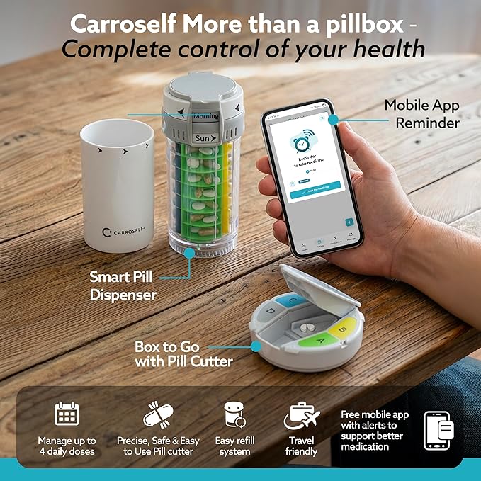 Pill Dispenser with Pill Cutter and App Reminder – Locked Vitamin Medication Dispenser & Portable Medicine Storage Box, Travel-Friendly Pill Organizer for Daily Medication Use | No Batteries Needed