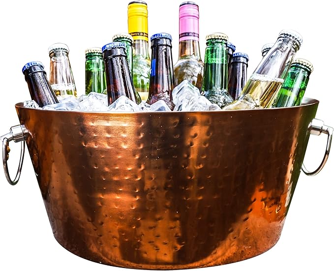 BREKX Insulated Rose Copper Double Walled Ice Bucket for Parties, Anchored Wine Bucket/Large Ice Bucket with Handles, Drink Cooler for Parties, 12 Quarts (3 Gallon)