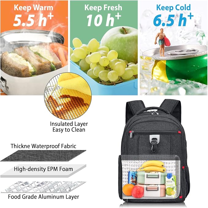Lunch Backpack, Insulated Cooler Lunch Bag Backpack, Large Travel 17.3 Laptop Back Pack Sturdy Computer College School Bookbag for Women Men for Men Women Work Hiking Picnic