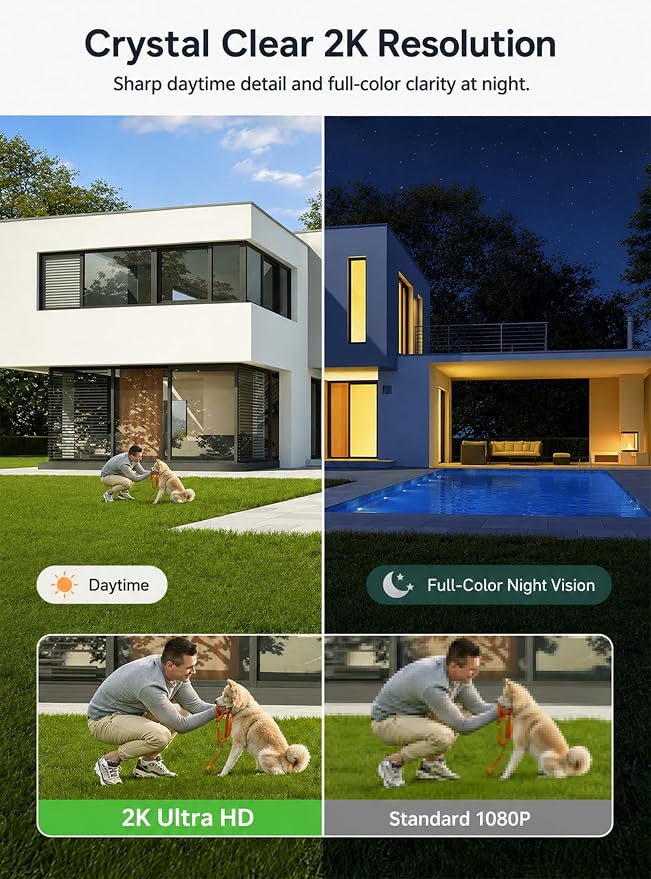 SYMYNELEC 2K Solar Security Cameras Wireless Outdoor, 2-Pack | No Monthly Fee, 100% Wire-Free, Color Night Vision, PIR Person Detection, IP65 Waterproof, Works with Alexa, 2.4GHz WiFi