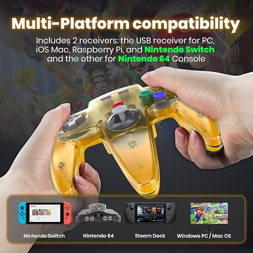 2 Pack Wireless N64 Switch Online Controller, 2.4 GHz USB & N64 Receivers, Compatible with Windows PC macOS Raspberry Pi, N64 / Switch Online/NSO - (Rechargeable) (Plug and Play) (Clear Red/Yellow)