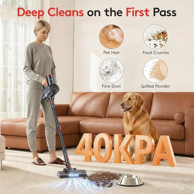 RONEAIR Cordless Vacuum Cleaner,40Kpa 45Min Vacuum Cleaners for Home,Self-Standing,Stick Vacuum with Wall Mount Storage,Anti-Tangle &,6 in 1 Lightweight Vacuum for Hard Floors Carpet Pet Hair - Black