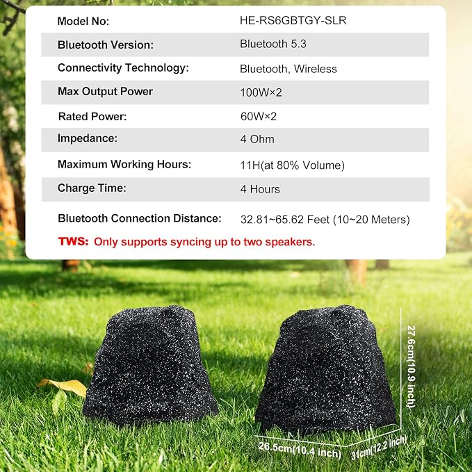 Herdio 6.5" Rock Bluetooth Speakers Outdoor Waterproof IPX7 Wireless Solar Max 200 Watt, TWS Connection Powered with Rechargeable Battery for Garden Patio Deck Pool Backyard（Black，1Pair）