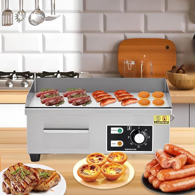 18" Commercial Griddle, Electric Countertop Flat Top Griddle with 2 Shovels & 2 Brushes, 1600W 122-572 ℉ Adjustable Temp, Stainless Steel Teppanyaki Grill for Restaurant Homes