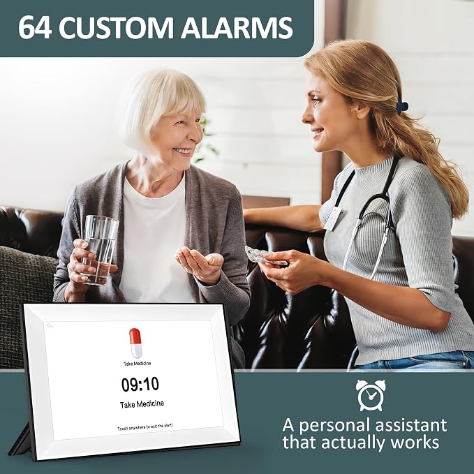 10.1" Touchscreen Digital Clock Large Display, Dementia Clocks for Seniors Custom 64 Reminders and Alarms, Auto DST, Auto-Dimming, Digital Alarm Clock with Day and Date for Elderly(White)