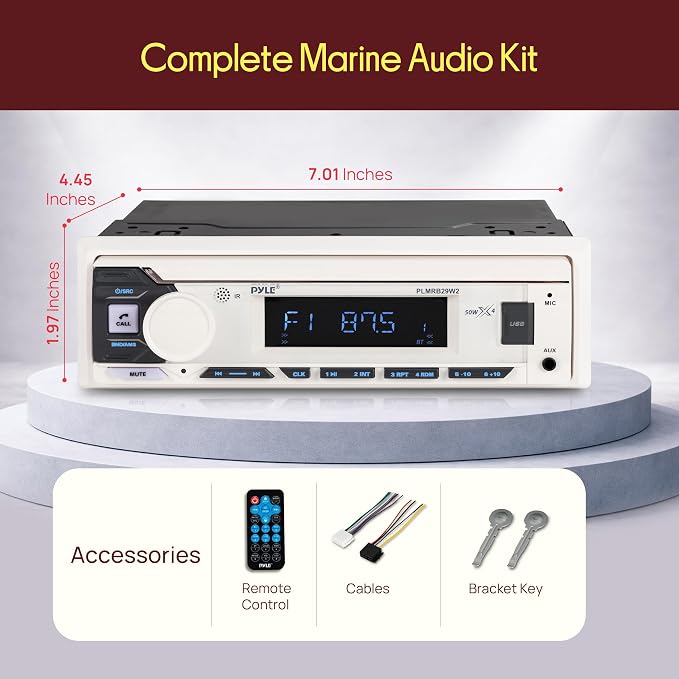 Pyle Marine Radio Single DIN Receiver – Bluetooth Wireless Streaming, AM/FM Tuner, USB/AUX MP3 Playback, Hands-Free Calling, Remote Control, RGB Buttons, Splash-Resistant Stereo Upgrade