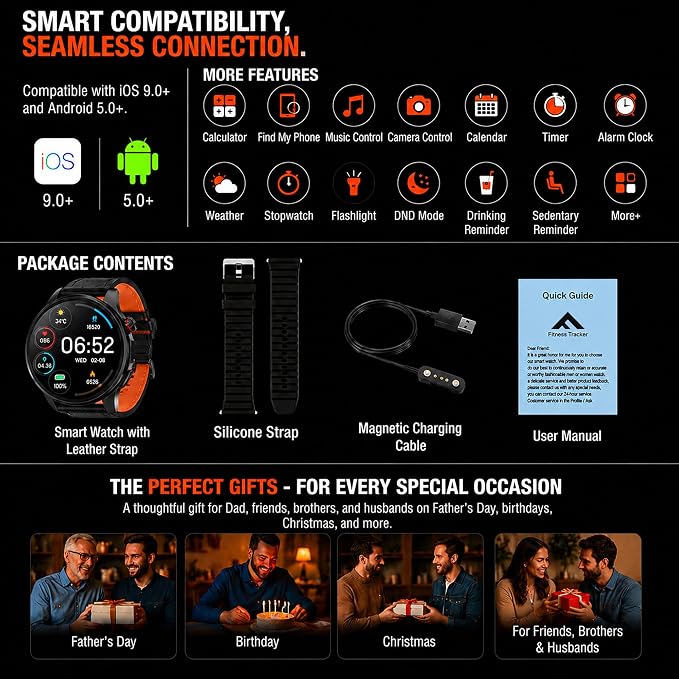 Smart Watch for Men with GPS Offline Maps, 1.46"AI Smartwatch, BT Call/Text Reply, Heart Rate/ Sleep Monitor/Health Analysis, 100+ Sports, 5ATM Waterproof Fitness Tracker for Android iOS – 2 Bands