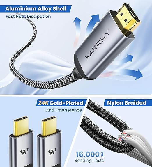 Warrky USB C to HDMI Cable 4K 60Hz[Anti-Interference, Gold-Plated Plugs] Aluminum HDR Type-C to HDMI 2.0 Cord, Thunderbolt 3/4/5 Compatible for iPhone 16/17 Series, MacBook Neo, iPad Pro, Galaxy-6ft