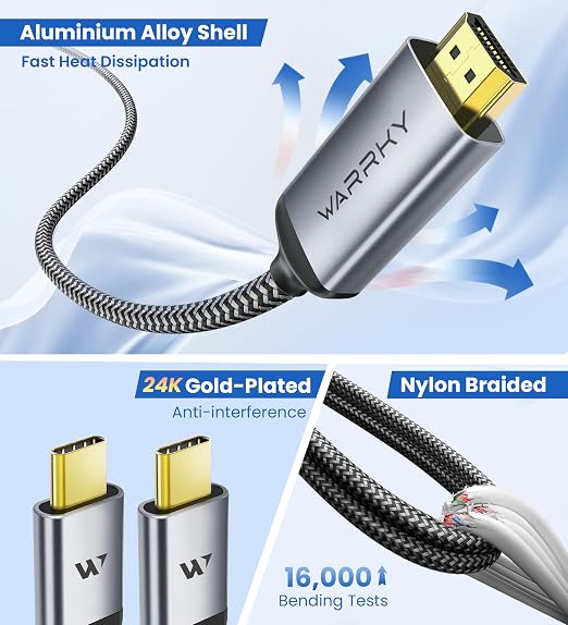 Warrky 4K 60Hz USB C to HDMI Cable 3.3ft [Anti-Interference Gold-Plated Plugs] Aluminum Type-C to HDMI 2.0 Cord, Thunderbolt 3/4/5 Compatible for iPhone 15/16 Series, MacBook, iMac, iPad Pro, Galaxy