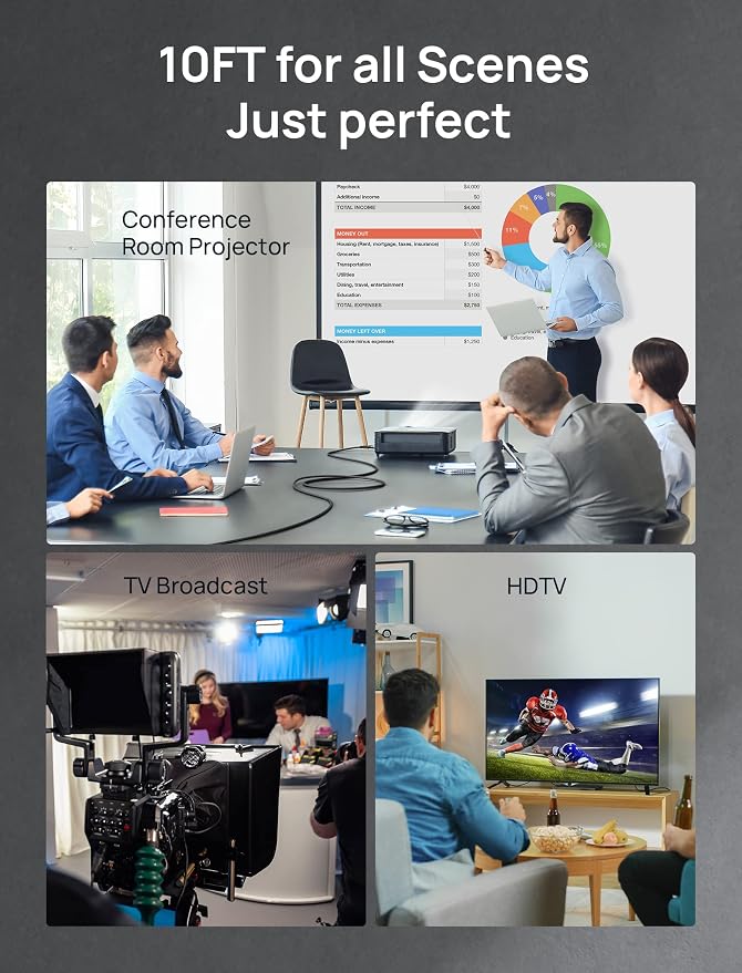 JSAUX 10K HDMI Cable 2.1 10FT 2-Pack 48Gbps 8K & 4K Ultra High Speed Cord (8K@60Hz 7680x4320, 4K@120Hz) eARC HDR10 HDCP 2.2 & 2.3 3D, Compatible with Roku TV/HDTV/Blu-ray/LG/Samsung QLED