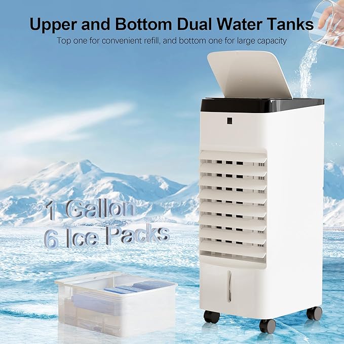 Uthfy Portable Air Conditioners, 3 IN 1 Evaporative Air Cooler with Detachable Water Tank, 6 Ice Packs, 12H Timer, 120° Oscillation, Remote, 3 Speeds, 4 Modes, Swamp Cooler for Bedroom, Milky White