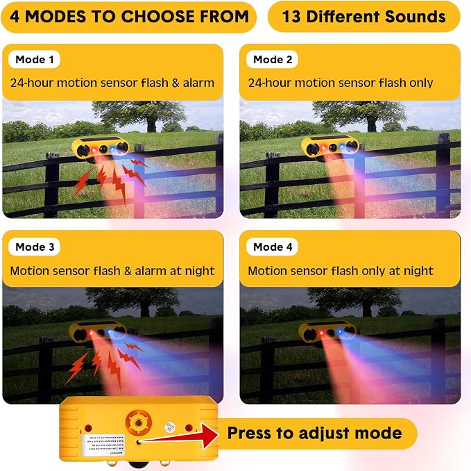 Qualirey Solar Outdoor Motion Sensor Alarm 2 x 129dB Loud Noise Maker 13 Sound Detector Strobe Light, 4 Modes Animal Deterrent Dog Barking Alarm Mount on Ground or Fence for Garden Yard(4 Pack)