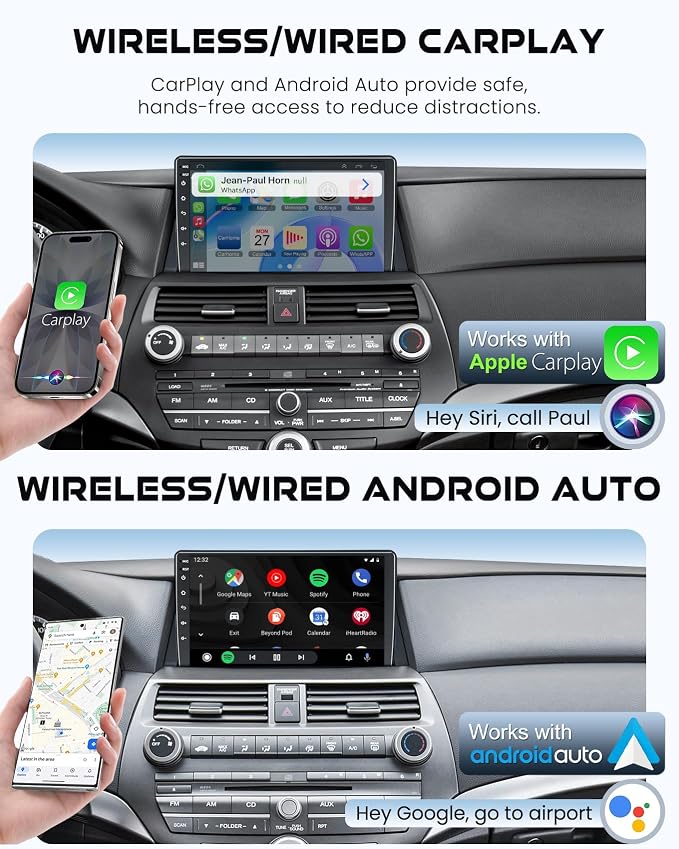 [8-core+64GB] Car Radio for Honda Accord 2008 2009 2010 2011 2012, 10.2' QLEDTouch Screen Support Wireless CarPlay & Android Auto, Bluetooth 5.2, GPS & WiFi, Backup Camera Car Stereo, Android 15