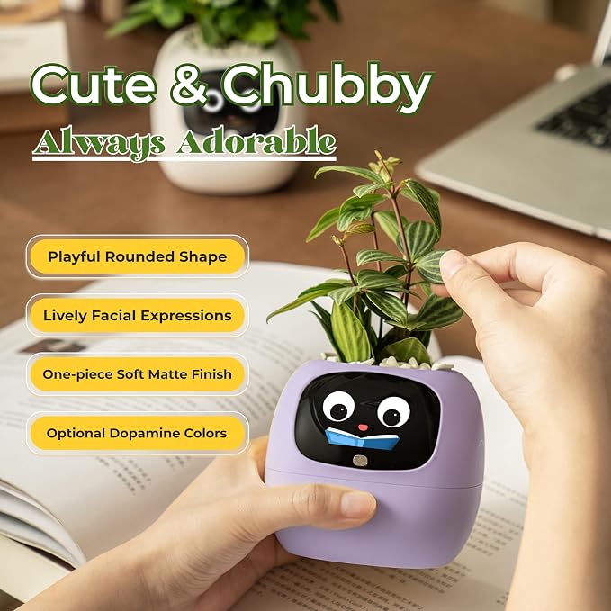 PLANTSIO Ivy AI Smart Planter Intelligent Flower Pot for Home Decoration Plants Companion Neat Desk Setup Gift Pet Planter Robot Guidance on Plant Care with Emojis (Violet)