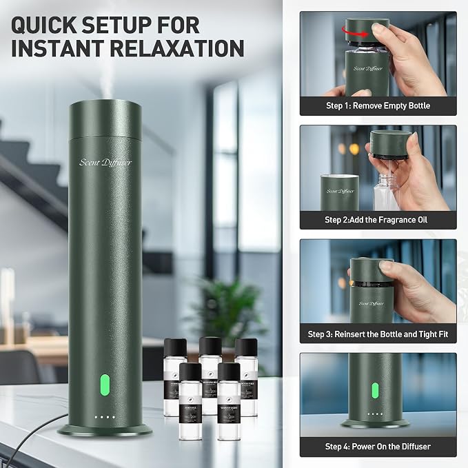 Waterless Scent Diffuser Starter Kit - 1000 Sq Ft Coverage, Hotel Scent Diffuser, Essential Oil Diffuser for Home & Large Room, Included 5 Scent Oils, Remote Control, SandGreen, 11In