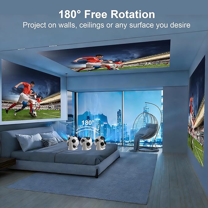 Mini Projector with WiFi & Bluetooth, 1080P 4K Support Smart Projector Portable 180° Rotatable Auto Focus & Keystone Voice Remote Control, Football Movie Home Theater Outdoor Bedroom Use