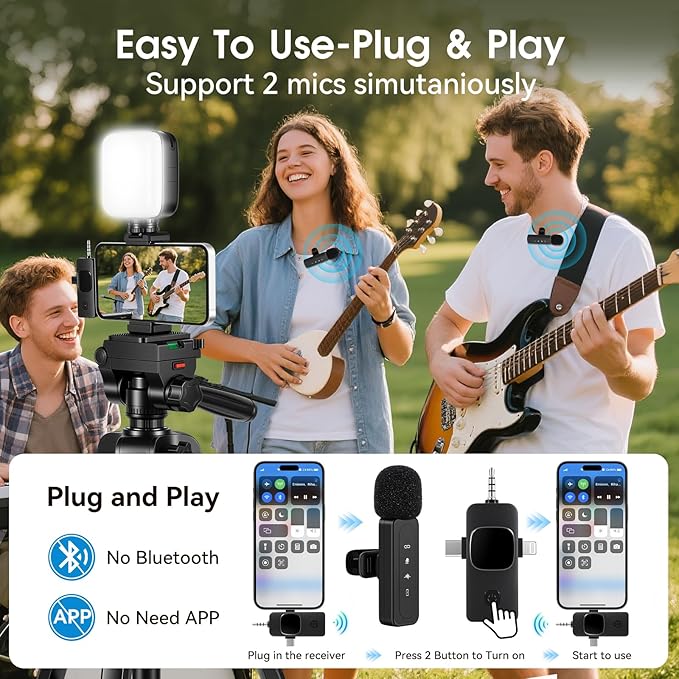 Vlogging Kit with Wireless Lavalier Microphone for iPhone, Android, YouTube Starter kit Content Creator Equipment with 60” Extendable Fullsize Tripod, Soft Light for Vlogging, YouTube, TikTok
