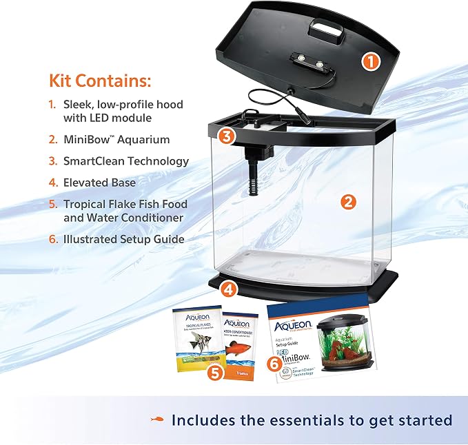 Aqueon LED MiniBow Small Aquarium Fish Tank Kit with SmartClean Technology, Black, 2.5 Gallon