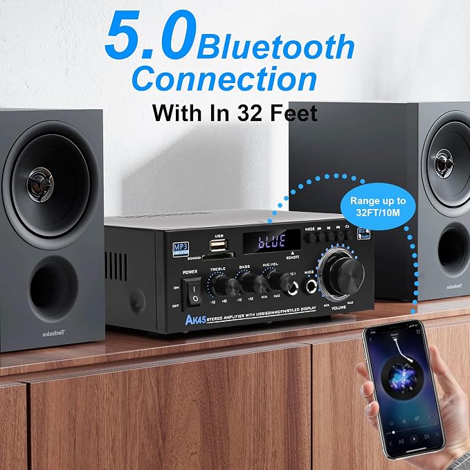 Stereo Audio Amplifier 2025 Upgraded AK45 Bluetooth Receiver for Home Stereo, 400W 2 Channel Wireless Bluetooth 5.0 Power Amplifier System with FM Radio, USB, SD Card, and Remote Control