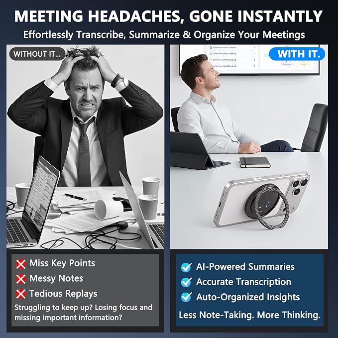 AI Voice Recorder Designed as Magnetic Phone Stand, Real-Time Transcription in 100+ Languages, Smart Digital Audio Recorder Transcribe & Summarize Note Taker Lectures Meetings (Space Gray)