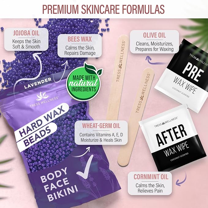 Tress Wellness Award Winning Waxing Kit for Sensitive Skin – Safe for Face & Skin, Easy to Use – At-Home Kit for Face, Bikini, Brazilian & Full Body - Midnight Rose, No Display
