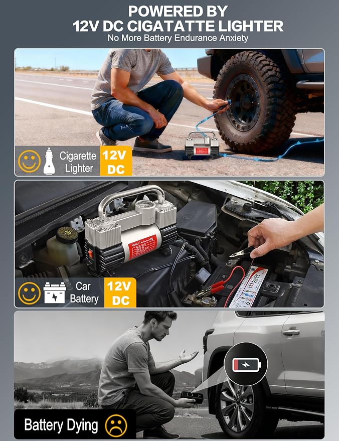 GSPSCN 12V Heavy Duty Tire Inflator Metal Portable Air Compressor Pump | 6X Faster Inflation Dual Cylinders 150PSI Air Pump with Adapter for Car, RV,Pickup Truck, SUV, Van,Camper, Air Bed,Ball