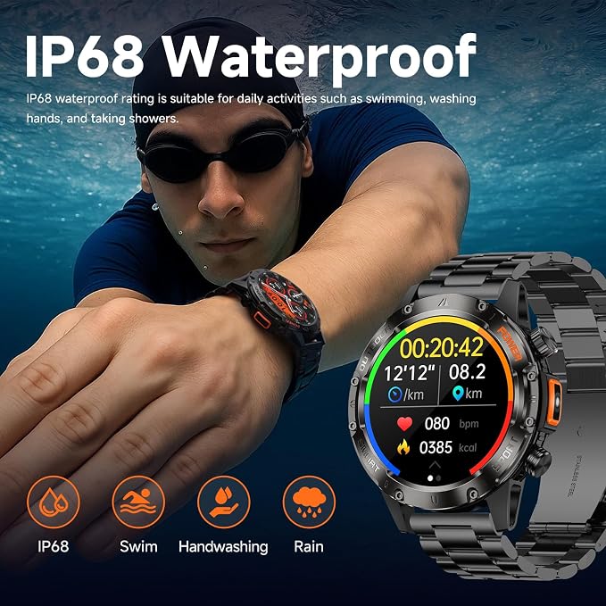Smart Watches for Men,Military Rugged Men Smartwatch, Stainless Steel Body, IP68 Waterproof, 30-Day Long Standby, Answer/Make Call, 1.43" HD Screen, Compatible for Android iOS(2 Bands)